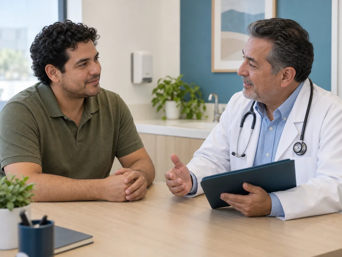 Paciente conversando con un doctor sobre una consulta de rutina
